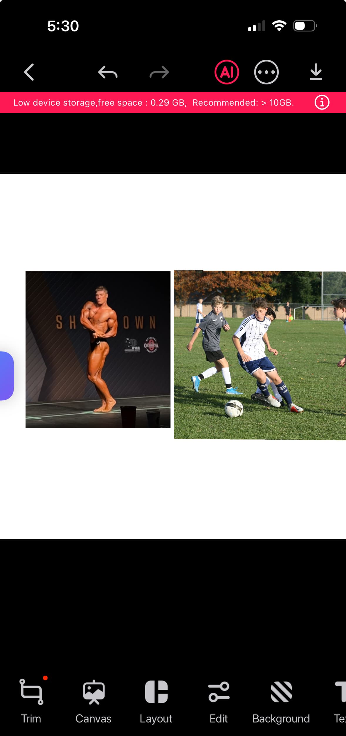 Side-by-side comparison of a muscular bodybuilder posing and a young boy playing soccer.